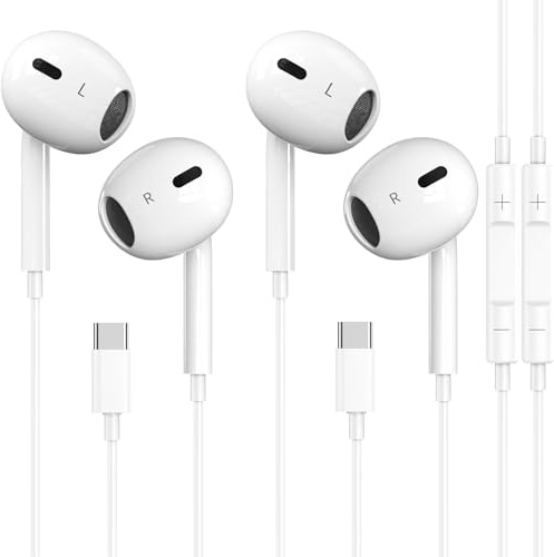 2 Pack USB C Headphones for iPhone 16 Type C Earphones Wired with Microphone and Volume Control Noise Cancel for iPhone 15 pro, iPad Pro, Galaxy S23/S22/S21/S20/Ultra Note 20, Pixel 7/6/6a/5, White