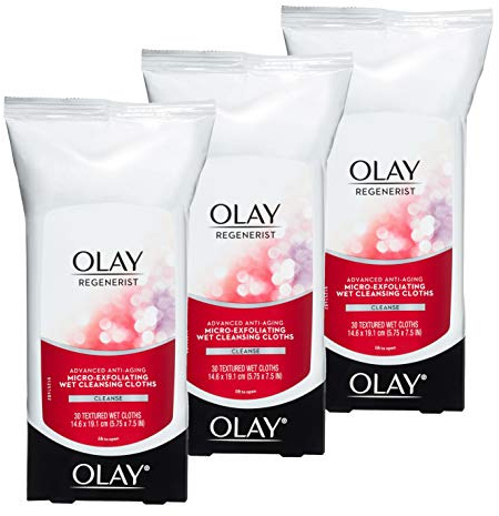 Olay Makeup Remover Wipes, Regenerist Micro-Exfoliating Wet Cleansing Cloths, Facial Cleanser for Women - Exfoliates, Refreshes, Smooths Texture, Travel Approved, 30 ct - 3 Pack
