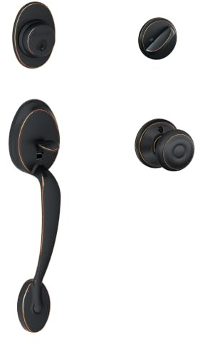 SCHLAGE Front Door Entry Handleset, Georgian Knob, Aged Bronze