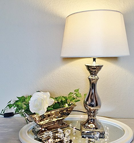 DRULINE Keramik Lampen Lampenfuß Lampenschirm Tischlampe Nachttischlampe Tischleuchte (LOVELY 60 cm (Fuß: Silber - Schirm: Weiß))