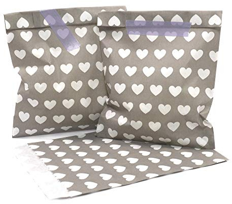 Frau WunderVoll® 100 PAPIERTÜTEN Taupe/HELLGRAU, Herzen 13 x 16,5 cm, 45 Gramm Papier, flach/Candy Bar, Hochzeit, Kindergeburtstag, Papiertütchen, Candybag, Tüten, Mitgebseltüten