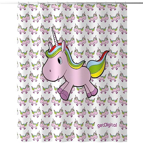 Magischer Einhorn Duschvorhang Wasserdicht Mit Anti-Schimmel-Effekt 180x200 | Polyester, Passend Für Standardduschen, Inklusive Befestigungsringe, Pflegeleicht, Farbintensiver Druck, Waschbar bei 30°C