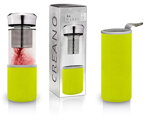 Creano Infusiera di Tè Teamaker 400ml Bottiglia di Vetro con Colino per Tè Sciolto Borsa Neoprene Verde Teiera Termica Portatile Tè To Go Regalo Perfetto