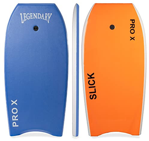 Legendary Pro X Bodyboard for Beach with Hard Slick Bottom, Boogie Boards for Kids & Adults, Heat Sealed with EPS Core, Leash (Dark Blue/ Orange, 45'')