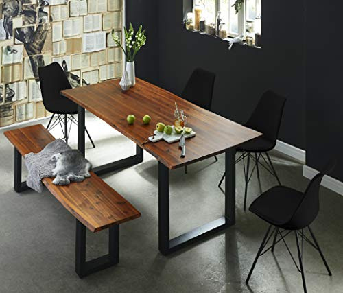 SAM 6tlg. Essgruppe 140x80 Akazie Cognac/schwarz, Bank, 4X Stuhl schwarz | Baumkantentisch & -Bank 140x40 cm, Schalenstuhl Lerche, Tischgruppe Esra, Akazie-Holz Cognacfarben