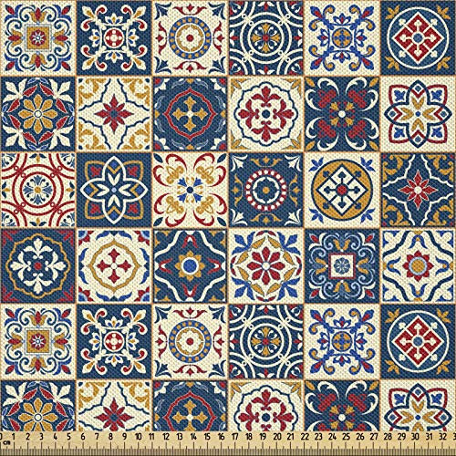 ABAKUHAUS marokkanisch Stoff als Meterware, Portugiesisches Fliesenmotiv, Seidiger Satin Stoff Zum benähen von Heimtextilien, 2M (148x200cm), Dunkelblau Bernstein Rot