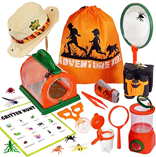 Adventure Kidz Outdoor Bug Exploration Kit for Children | Binocular with Case, Magnifying Glass, Bug Containers and Viewers, Critter Cage, Butterfly Net, Backpack, Hat, Torch