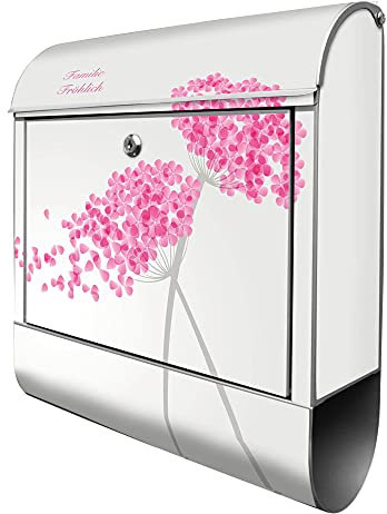 banjado Design Briefkasten personalisiert Holunder Pink 38,5x46,5x13cm & 2 Schlüssel - Briefkasten Stahl Silber Zeitungsfach pulverbeschichtet - Postkasten A4 Einwurf inkl. Montagematerial