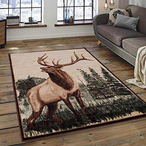 Champion Rugs Wildlife Nature Rustic Lodge Cabin Decor Elk Deer Pine Trees Fern Area Rug Carpet (2 Feet X 3 Feet)