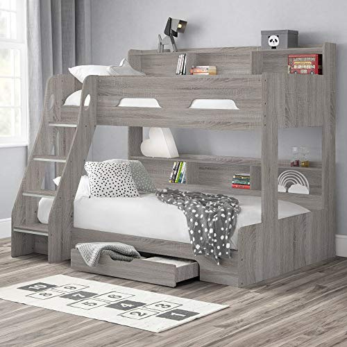 happybeds Orion Grey Oak Wooden Triple Sleeper Bunk Bed, Frame Only | 3ft Single Top, 4ft Small Double Bottom, Wooden Triple Sleeper Bunk Bed, Frame Only, Grey Oak, Storage Drawer, Ladder