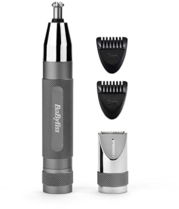 BaByliss Super-X Metal Precision Detail Trimmer - 3-in-1 Nose, Ear & Eyebrow Trimmer, 2 Attachments, 2 Comb Guides, Battery-Powered, 7066U