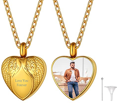 Richsteel Colgante de Cenizas con Foto Personalizado, Collar Corazon Poner Cenizas Humanas Forma Ala de Angela