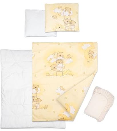 Baby Comfort 5-teiliges Babybettwäsche-Bettdeckenkissen mit Bezügen und Jersey-Bettlaken, passend für 95 x 65 cm große Reisebetten (Leitern gelb)