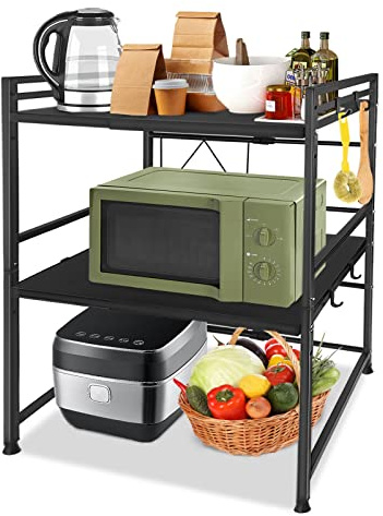 YUENFONG Mikrowelle Regal 3-stufiges, Erweiterbares Küchenregal Mikrowellenregal mit 8 Haken, Mikrowellenständer Mikrowellenhalterung für Aufbewahrung, Küche, Schwarz