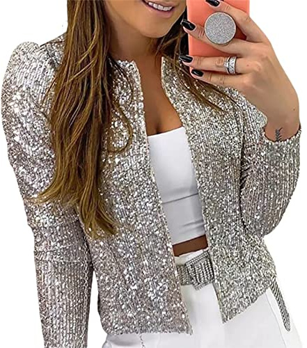 XIXIMAON Femme Blazer Veste à Paillettes Brillante Blouson Manteau à Sequins Haut Tops Chic pour Disco Soirée Fête Clubwear (Argenté A, L)