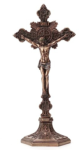 Veronese Design Kruzifix des Heiligen Benedikt mit Ständer, Kaltgussharz, Bronze-Finish, 24 cm