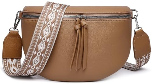 FOMAX Bauchtasche Damen, Crossbody Bag Breiter Schulterriemen im Bohemian Style, Umhängetasche Groß Extra Reißverschlussfach, Silberner Doppel-Reißverschluss Schultertasche