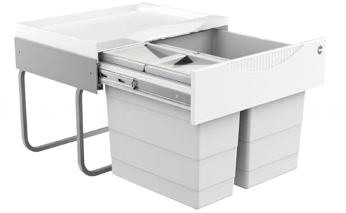 Hailo Abfallsammler 3644702 | Raumspar-Tandem-S | 30L Einbau-Mülleimer | 2-fach Trennung 18 + 12 Liter mit Eimerdeckel | Vollauszug per Hand | Für Spülenunterschränke ab 50 cm | Stabile Metallführung