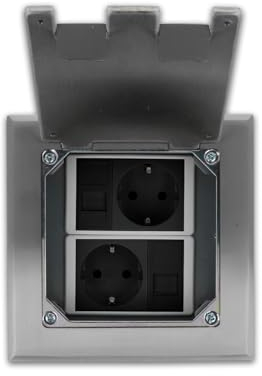 Luxus-Time Edelstahl Bodentank mit 2 VDE Schuko Steckdosen + 2 Netzwerk LAN Dosen, Einbaufertig, Höhenverstellbar, Fußbodendose, Steckdosenbox, Deckel versenkbar, Bodensteckdose