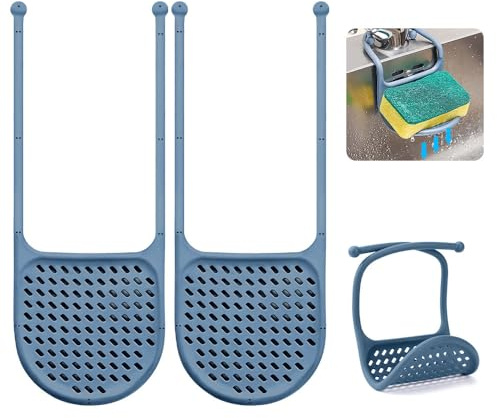 WALLFID Confezione da 2 portaspugne per lavello da cucina, supporto spugna ventosa regolabile silicone, purificatori, sapone, blu denim