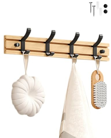 Koomuao Jumuao Bamboo Wall Mounted Coat Rack, 4 Hooks for Hanging Clothes, Bathrobes, Towels, Coats Wall Hook for Entryway, Bedroom, Bathroom (Black-4 Hooks)