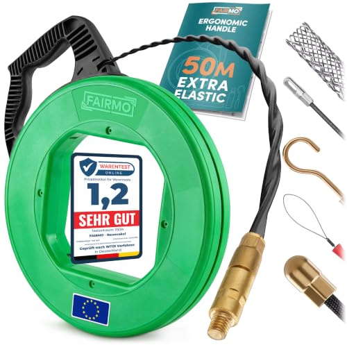 La sofisticada guia pasacables 50 M para tubos huecos de FAIRMO - Guia pasacables profesional PET de 4 mm incl. 5 cabezales - Guía pasacables resistente - Para trabajar eficazmente