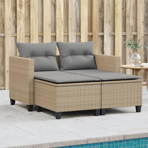 Homgoday Gartensofa 2-Sitzer mit Hockern Gartenlounge Set Balkonsofa Rattansofa Gartensofa Loungesofa Terrassensofa Lounge Sofa Sitzgruppe Gartenset Beige Poly Rattan