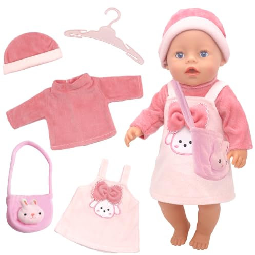 Xerteam Doll Clothes for 14-18 Inch Baby Dolls, Sweet Rabbit Outfits Top Dress Hat Hanger and Bag, Pink Doll Clothes Compatible with 45 cm New Born Baby Dolls Girls Birthday (Rabbit)(No Doll)