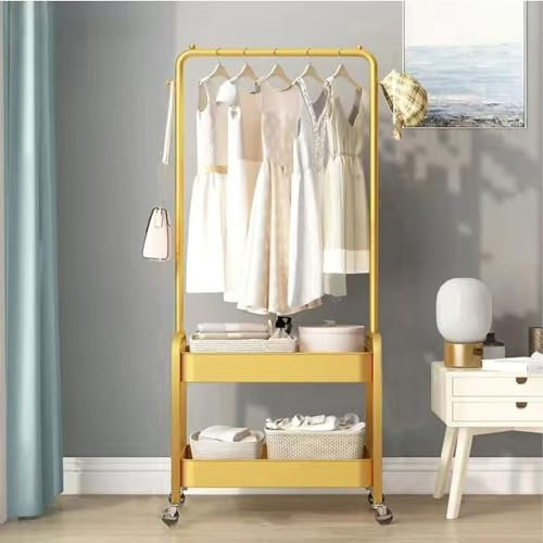 Kleiderständer auf Rollen Sehr Stabil Kleiderständer Aufbewahrungs Rollwagen Freistehender Kleiderständer Kleiderständer aus Metall mit 2-stufigem Lagerregal (Color : Gold)