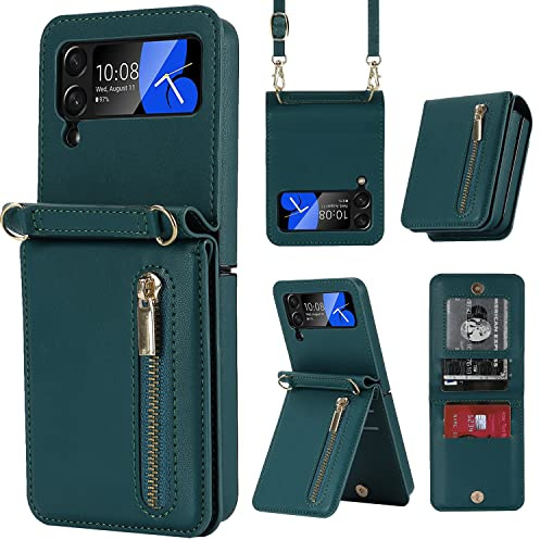ZHOZEXIN Compatible avec Samsung Galaxy Z Flip 4 Stand, élégant étui de protection en cuir, portefeuille à fermeture éclair, compartiment pour cartes de crédit, portefeuille avec cordon pour Galaxy Z