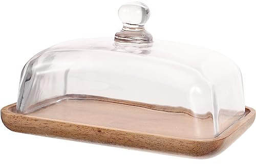 Fruit Bowl Clear Butter Cheese Tray, Mini Cake Stand With Dome Covered Small Cake Plate Wooden Cake Dish Cake Display Tray Rectangle Wood Platter With Glass Lid Glass Dinner Plates