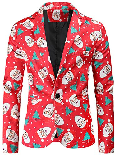 Men's Santa Print Christmas Blazer, Festive Red Xmas Suit Jacket for Men, Stylish Santa Claus Pattern Blazer, Lightweight Holiday Party Jacket for Men, Fun Christmas Suit for Men