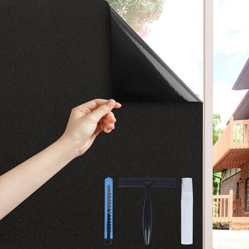 Volcanics Fensterfolie Blickdicht Schwarz 44,5 x 200 cm mit Montagewerkzeug, Verdunklungsfolie statisch haftend, lichtdicht Sichtschutzfolie, Verdunkelungsfolie für Schlafzimmer Dachfenster