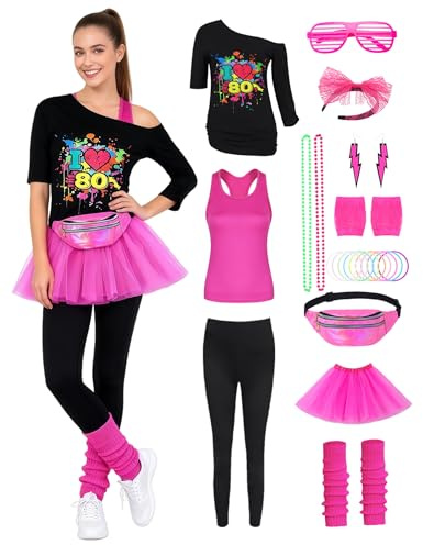 Mrsclaus 80er Jahre Outfit Damen, 90er Faschingkostüm Damen, Aerobic Outfit für Karneval Fastnacht Mottoparty, Tshirt Leggings, Rosa Tank Top, Tüllrock Bauchtasche Beinlinge Netzhandschuhe