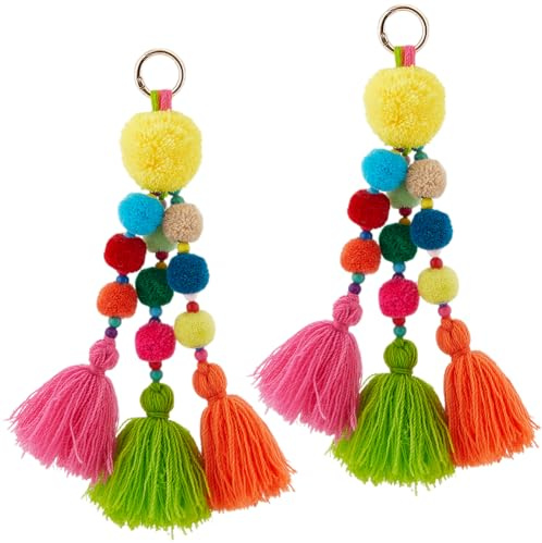 Beebeecraft 2 Stück Boho Quaste Taschenanhänger Bunte Pom Pom Quaste Schlüsselanhänger Makramee Schlüsselanhänger Für Frauen Strohtasche Tote Geldbörse Handtasche Dekoration Zubehör