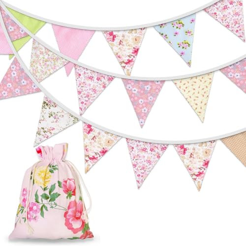 Orifinter Floral Bunting, 24PCS Fabric Bunting, Bunting Outdoor Waterproof, Ve Day Bunting, Reusable Vintage Bunting Flags for Afternoon Tea, Garden Party, Birthday, Festival, Spring Decorations