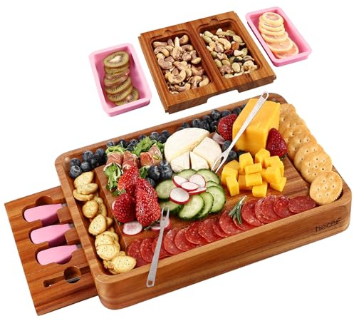 hecef Tabla de Quesos Grande para Reuniones – Set Completo con Cuchillos, Cajones y Cuencos, Ideal para Servir Aperitivos, Embutidos y Snacks Fácilmente
