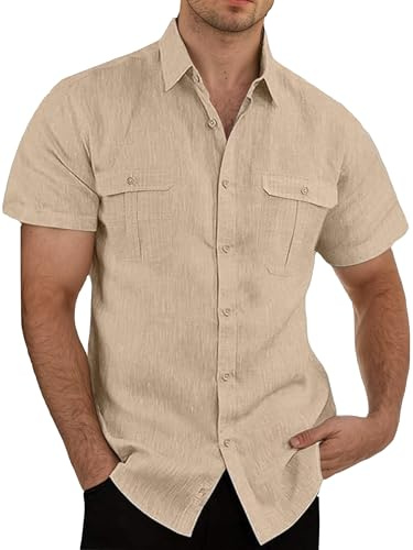 Aoouekul Leinenhemd Herren Baumwolle Sommerhemd Kurzarm Freizeithemden für Herren Leinen Kurzarmhemden Sommer Hemd (DE/NL/SE/PL, Alphanumerisch, L, Regular, Regular, Khaki)