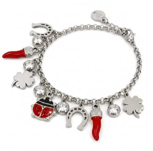 LA CORNE ITALIENNE Bracelet Fortuna Femme chaîne en acier Argenté Corno Corona, Quadrifoglio, Ferro di Cavallo et Coccinelle en Acier (Argent)