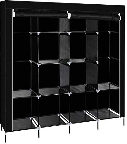 TactFire Kleiderschrank, Stoffschrank, Faltschrank mit Kleiderstange und Ablagen, Offener Faltbarer Kleider Schrank, für Schlafzimmer, Ankleidezimmer, 169,5x44x181,5cm (Schwarz)