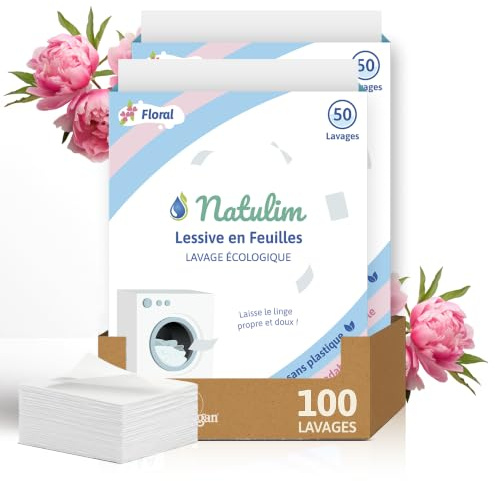 Natulim tvättmaskinsremsor, 100 tvättar, ekologiska tvättremsor för svart/vitt/färgade kläder- plastfri, upplösbara, koncentrat mild-doftande tvättmedelremsor, 2-pack (Blommig)