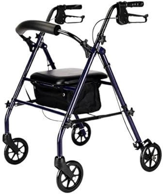 FAJNUZI2024 Deambulateur Exterieur Déambulateur à 4 Roues avec siège, déambulateur Roulant en Aluminium, réglable en Hauteur, léger, Pliable, avec Support de Panier Déambulateur pour Personnes âgées