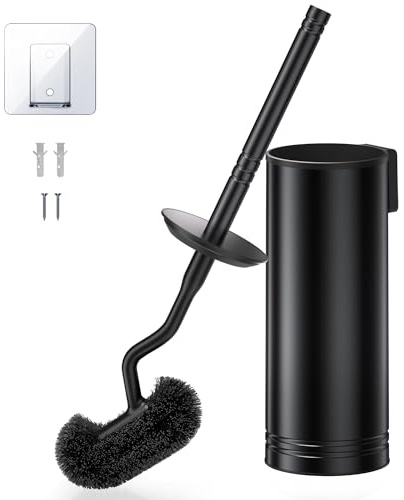 HAMITOR Edelstahl Klobürste Set: Toilettenbürste mit Wandmontage Ohne Bohren, WC Bürste für Tiefenreinigung unter dem Rand mit Schnell trocknendem & Abtropf-Halter, Langer Griff im Badezimmer-Schwarz
