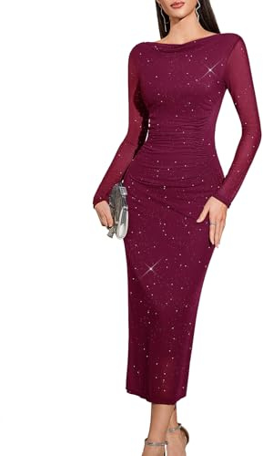 HomRain Long Sleeve Glitter Dress for Women Sexy Ruched Elegant Cocktail Party Maxi Dress