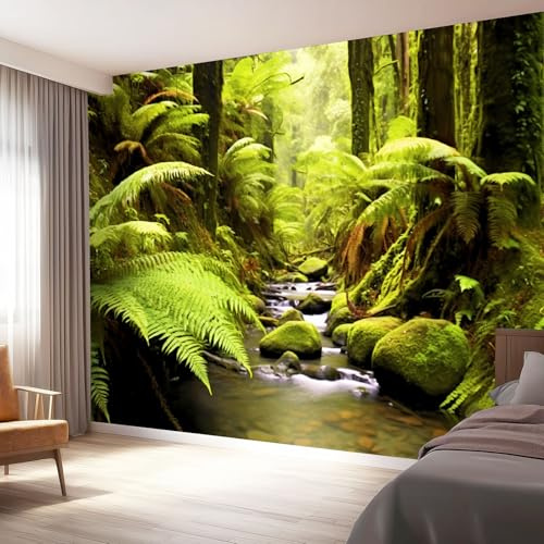 Soggiorno Carta da Parati Murale 400 x 280 cm, Natura Foresta Pluviale Lussureggiante Ruscelli Carta da Parati per Parete TV Camera da Letto Decorare, Verde Decorazione Murale Fotomurale