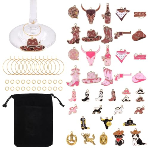 WEBEEDY 40 Pcs Cowboy Wine Glass Charms for for Stem Glasses, Cowboy Drink Markers with Western Charms, Metal Rings and Velvet Bag, Drink Charm Identifiers for Christmas Wedding Tasting Party