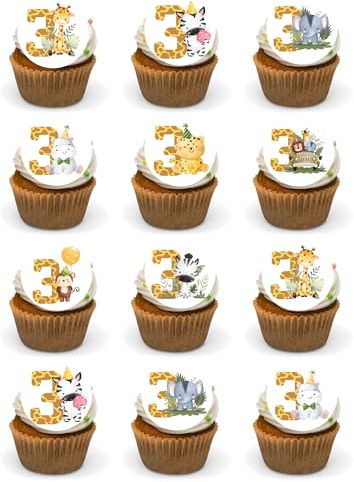 3rd Happy Birthday Boys or Girls Jungle Safari Cake Decorations -24 Precut Edible Wafer Card Cup Cake Toppers