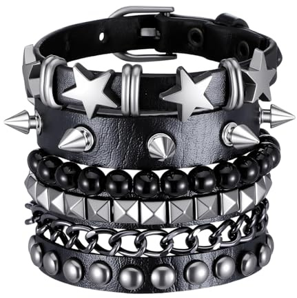 Tucnoeu Juego de 4 pulseras con tachuelas punk rock, pulseras de los años 80, accesorios de joyería gótica emo para hombres y mujeres