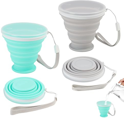 Wvxilyr 2 Piezas de Silicona Plegables, vaso plegable silicona,Reutilizables y Sin BPA, Tazas de Viaje Portátiles con Tapa de Plástico, para Camping, Picnics y Senderismo al Aire Libre
