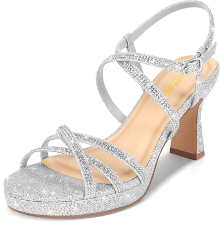 PIZZ ANNU Stellora Sandali Platform Donna Estate Eleganti Comodi con Tacco e Cinturino alla Caviglia Modello Brillante per Festa e Matrimonio Argento EU 39